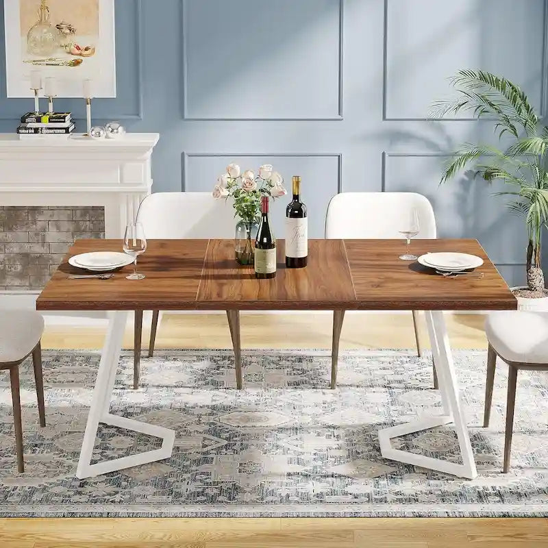 Natural Wood Tone Rectangle Dining Table with Metal Frame for 2–4 Person, 55"
