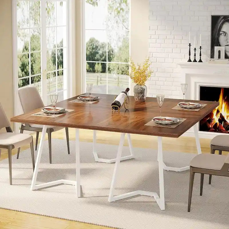 Natural Wood Tone Rectangle Dining Table with Metal Frame for 2–4 Person, 55"