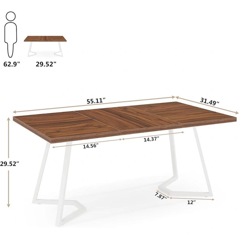 Natural Wood Tone Rectangle Dining Table with Metal Frame for 2–4 Person, 55"