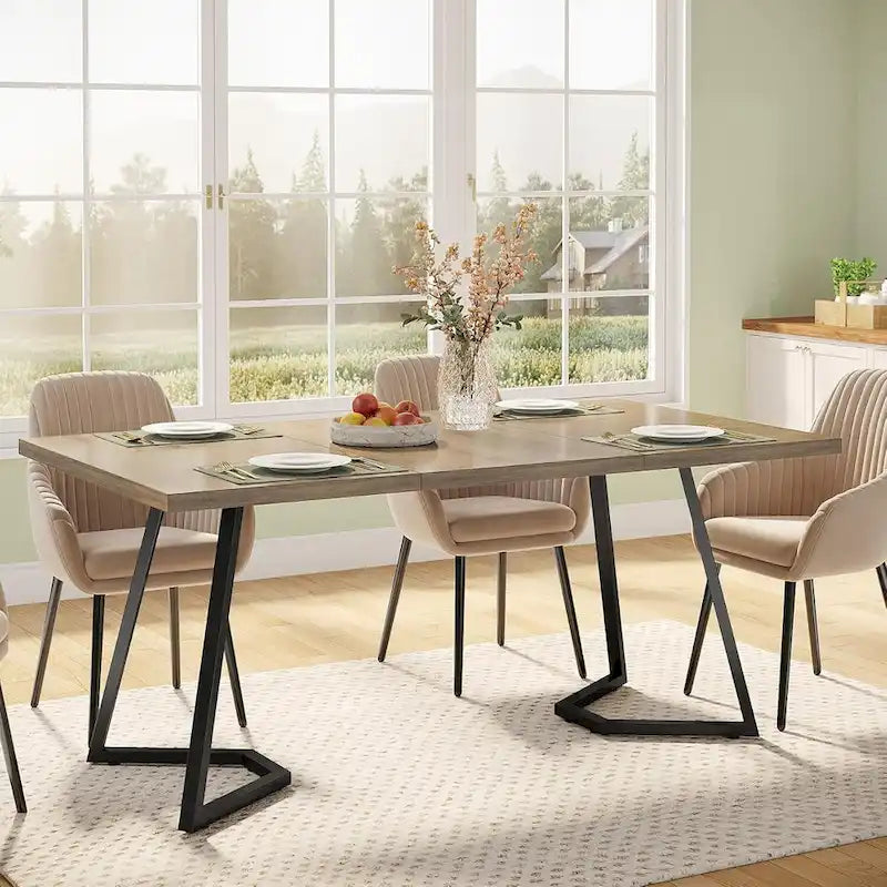 Natural Wood Tone Rectangle Dining Table with Metal Frame for 2–4 Person, 55"