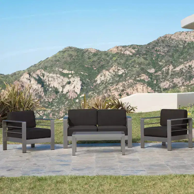 GDFStudio Wendy Outdoor 4-Sitzer-Gesprächsgruppe aus Aluminium mit Kissen, Grau