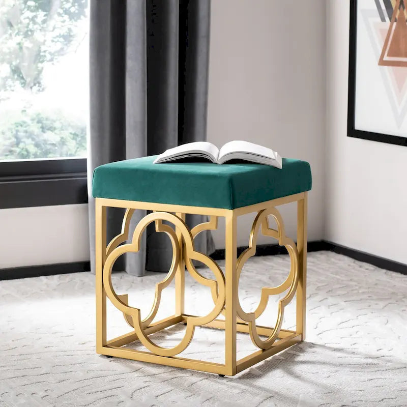 Navy / Emerald / Cream Velvet Square Ottoman with Gold Quatrefoil Frame for 1 Person