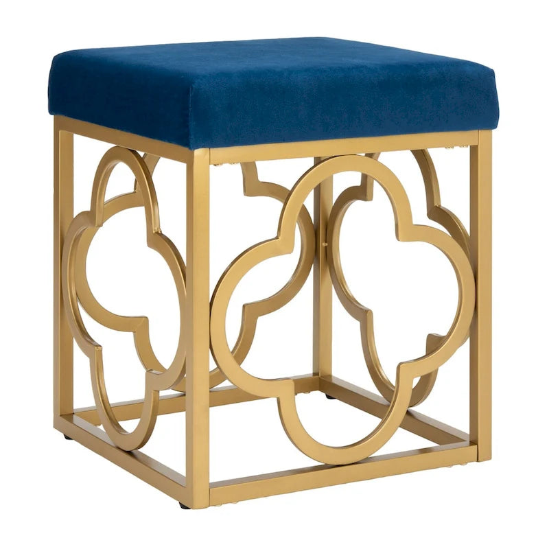 Navy / Emerald / Cream Velvet Square Ottoman with Gold Quatrefoil Frame for 1 Person