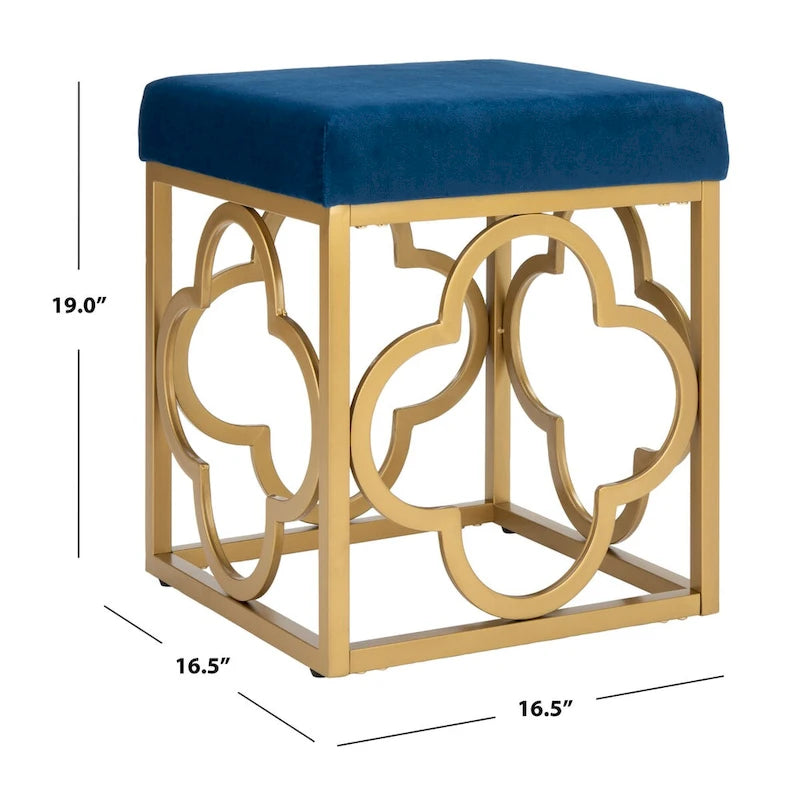 Navy / Emerald / Cream Velvet Square Ottoman with Gold Quatrefoil Frame for 1 Person