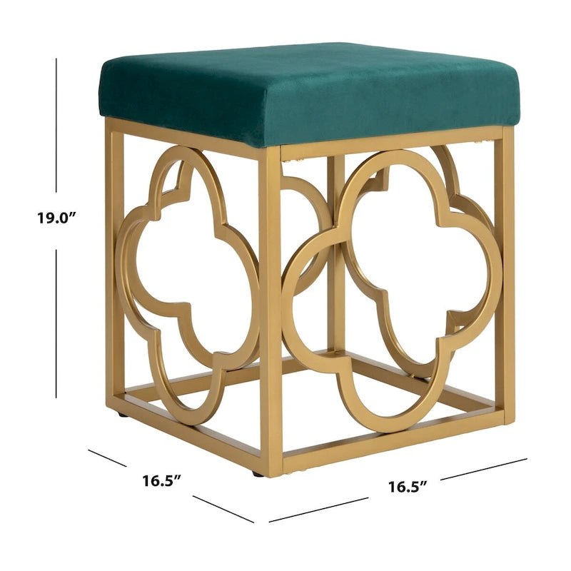 Navy / Emerald / Cream Velvet Square Ottoman with Gold Quatrefoil Frame for 1 Person