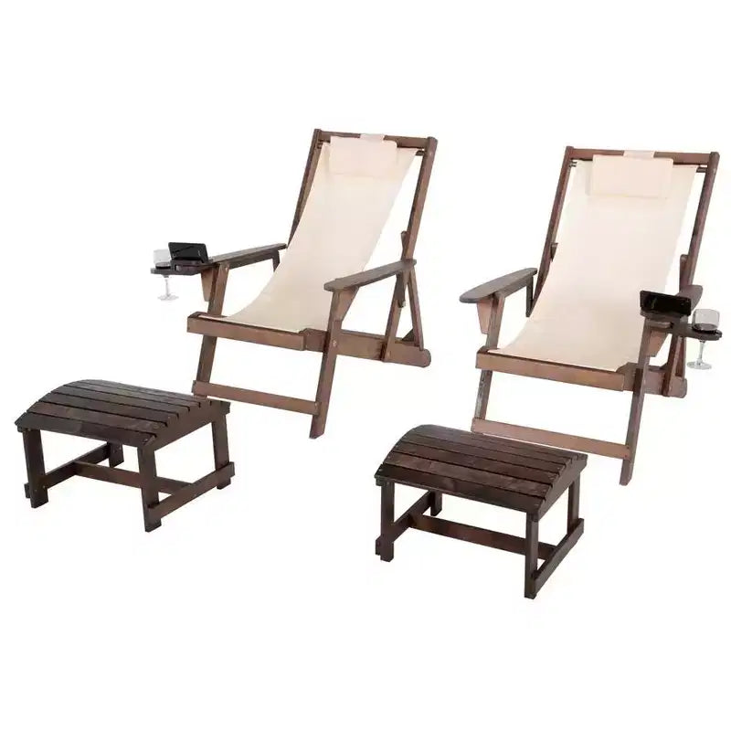Jiallo Romantic Collection Canvas Sling Chair with Cup and Wine Holder and Ottoman (Set of 4)