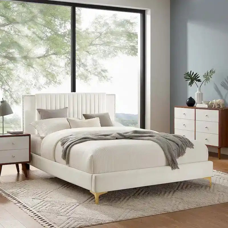 Charcoal / Blue / White / Pink Channel Tufted Velvet Queen Platform Bed with Gold Legs for 2 Person
