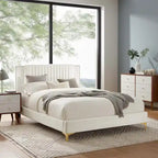 Charcoal / Blue / White / Pink Channel Tufted Velvet Queen Platform Bed with Gold Legs for 2 Person