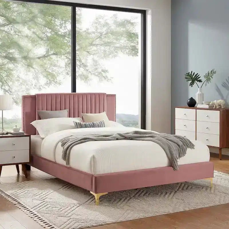Charcoal / Blue / White / Pink Channel Tufted Velvet Queen Platform Bed with Gold Legs for 2 Person
