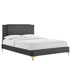 Charcoal / Blue / White / Pink Channel Tufted Velvet Queen Platform Bed with Gold Legs for 2 Person