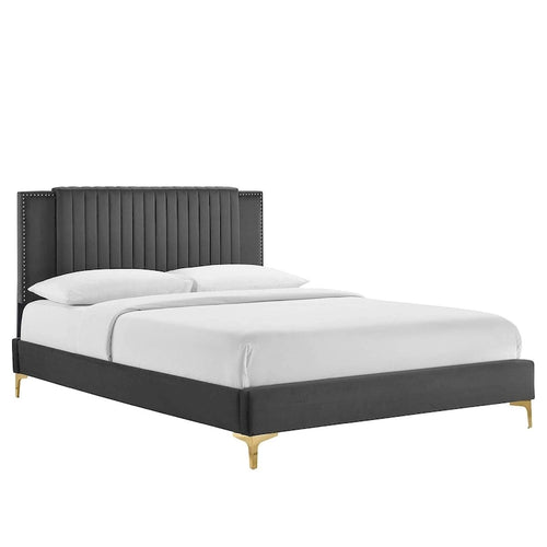 Anthrazit / Blau / Weiß / Pink Kanalgetuftetes Samt-Queensize-Plattformbett mit Goldbeinen für 2 Personen