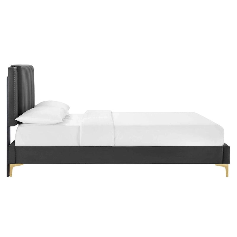 Charcoal / Blue / White / Pink Channel Tufted Velvet Queen Platform Bed with Gold Legs for 2 Person