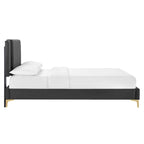Charcoal / Blue / White / Pink Channel Tufted Velvet Queen Platform Bed with Gold Legs for 2 Person