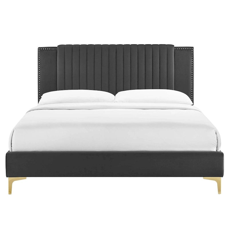 Charcoal / Blue / White / Pink Channel Tufted Velvet Queen Platform Bed with Gold Legs for 2 Person