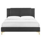 Charcoal / Blue / White / Pink Channel Tufted Velvet Queen Platform Bed with Gold Legs for 2 Person