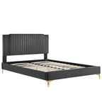 Charcoal / Blue / White / Pink Channel Tufted Velvet Queen Platform Bed with Gold Legs for 2 Person