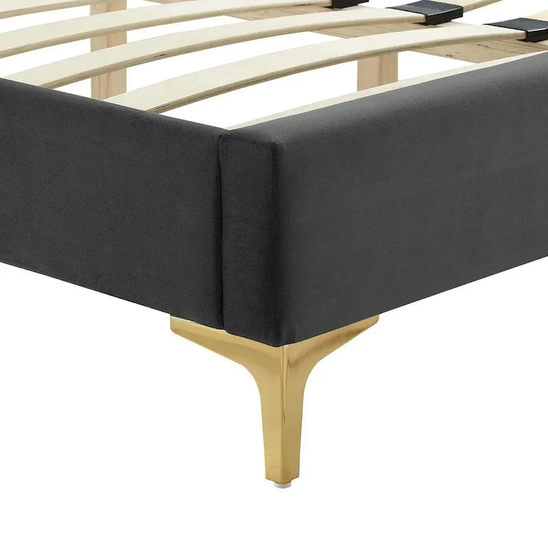 Charcoal / Blue / White / Pink Channel Tufted Velvet Queen Platform Bed with Gold Legs for 2 Person
