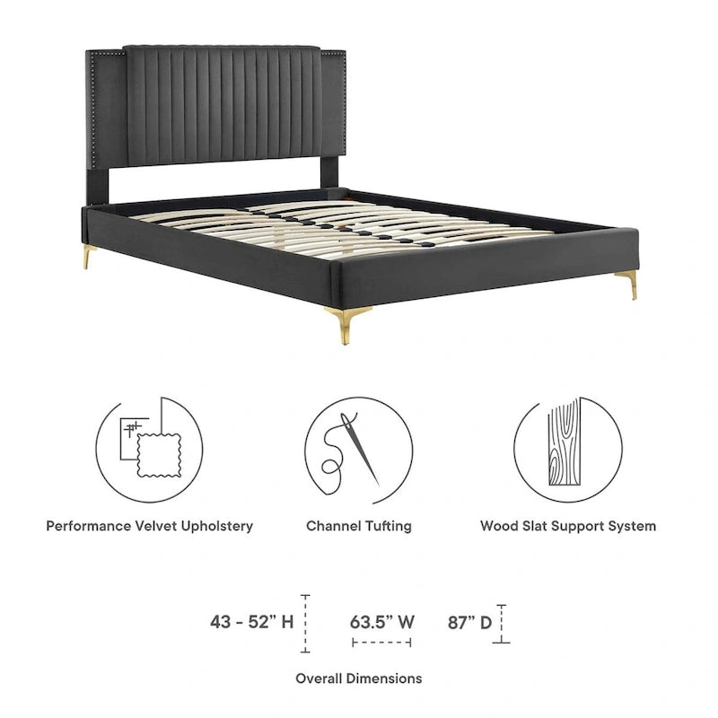 Charcoal / Blue / White / Pink Channel Tufted Velvet Queen Platform Bed with Gold Legs for 2 Person