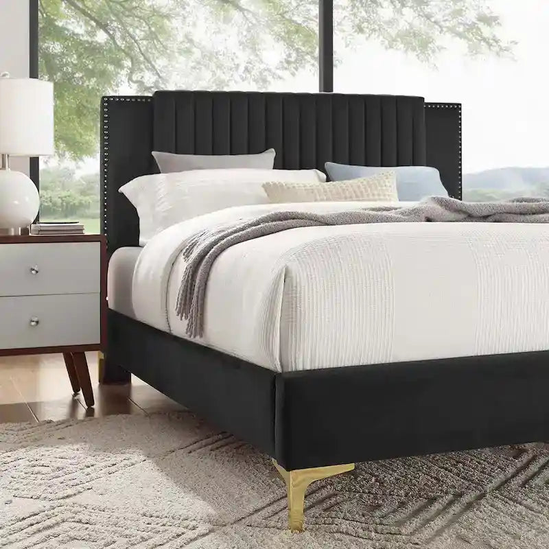 Charcoal / Blue / White / Pink Channel Tufted Velvet Queen Platform Bed with Gold Legs for 2 Person