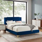 Charcoal / Blue / White / Pink Channel Tufted Velvet Queen Platform Bed with Gold Legs for 2 Person