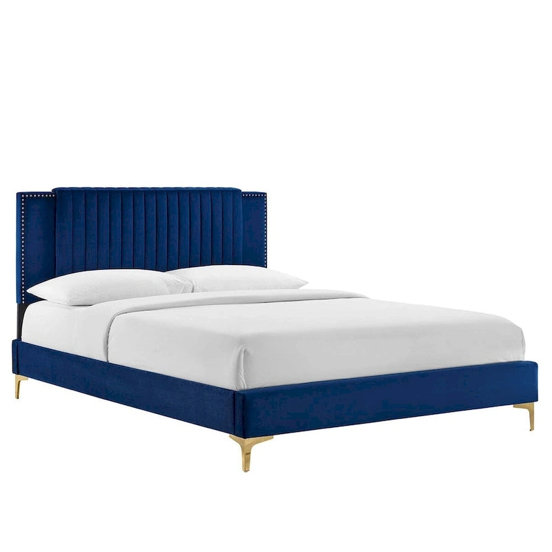 Charcoal / Blue / White / Pink Channel Tufted Velvet Queen Platform Bed with Gold Legs for 2 Person