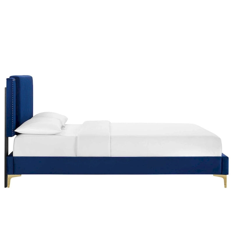 Charcoal / Blue / White / Pink Channel Tufted Velvet Queen Platform Bed with Gold Legs for 2 Person
