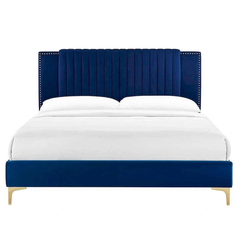 Charcoal / Blue / White / Pink Channel Tufted Velvet Queen Platform Bed with Gold Legs for 2 Person