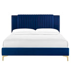 Charcoal / Blue / White / Pink Channel Tufted Velvet Queen Platform Bed with Gold Legs for 2 Person