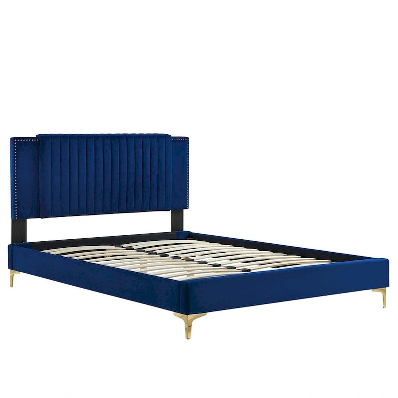 Charcoal / Blue / White / Pink Channel Tufted Velvet Queen Platform Bed with Gold Legs for 2 Person