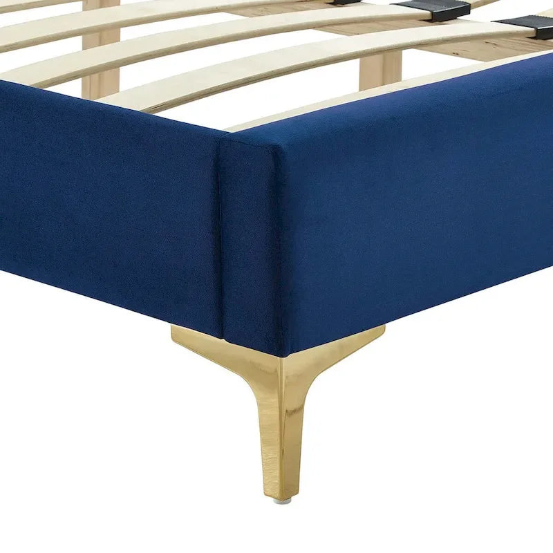 Charcoal / Blue / White / Pink Channel Tufted Velvet Queen Platform Bed with Gold Legs for 2 Person