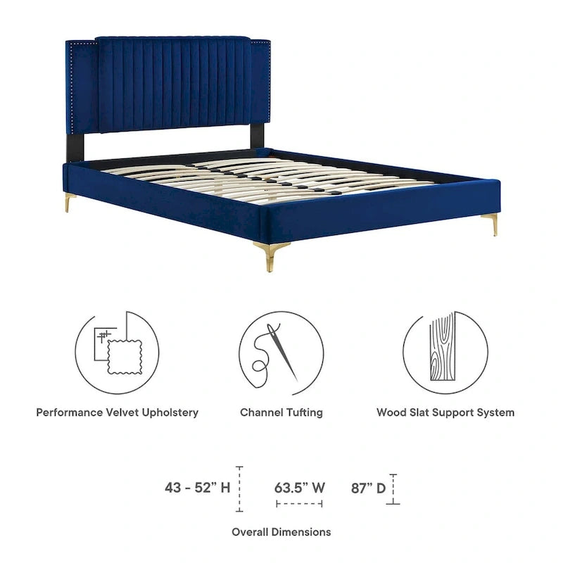 Charcoal / Blue / White / Pink Channel Tufted Velvet Queen Platform Bed with Gold Legs for 2 Person