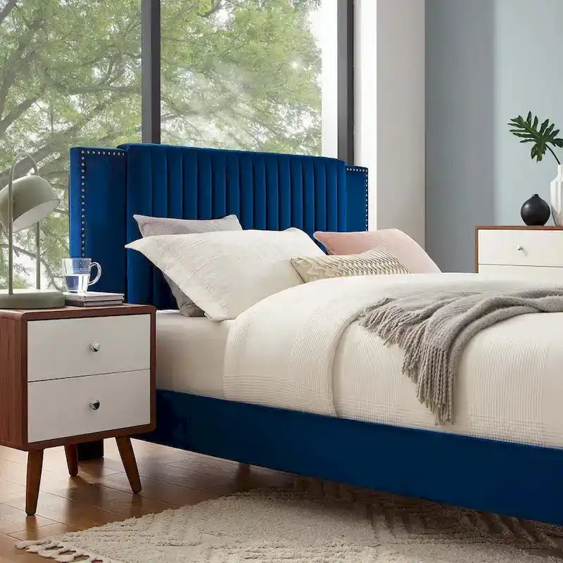Charcoal / Blue / White / Pink Channel Tufted Velvet Queen Platform Bed with Gold Legs for 2 Person