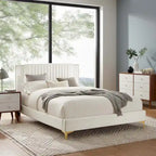 Charcoal / Blue / White / Pink Channel Tufted Velvet Queen Platform Bed with Gold Legs for 2 Person