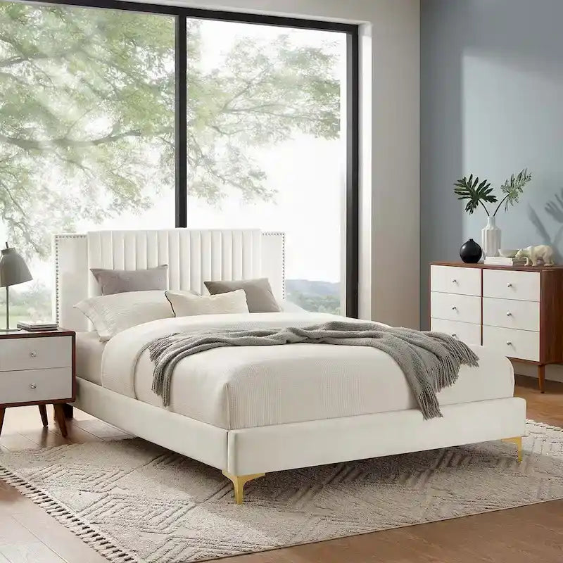 Charcoal / Blue / White / Pink Channel Tufted Velvet Queen Platform Bed with Gold Legs for 2 Person