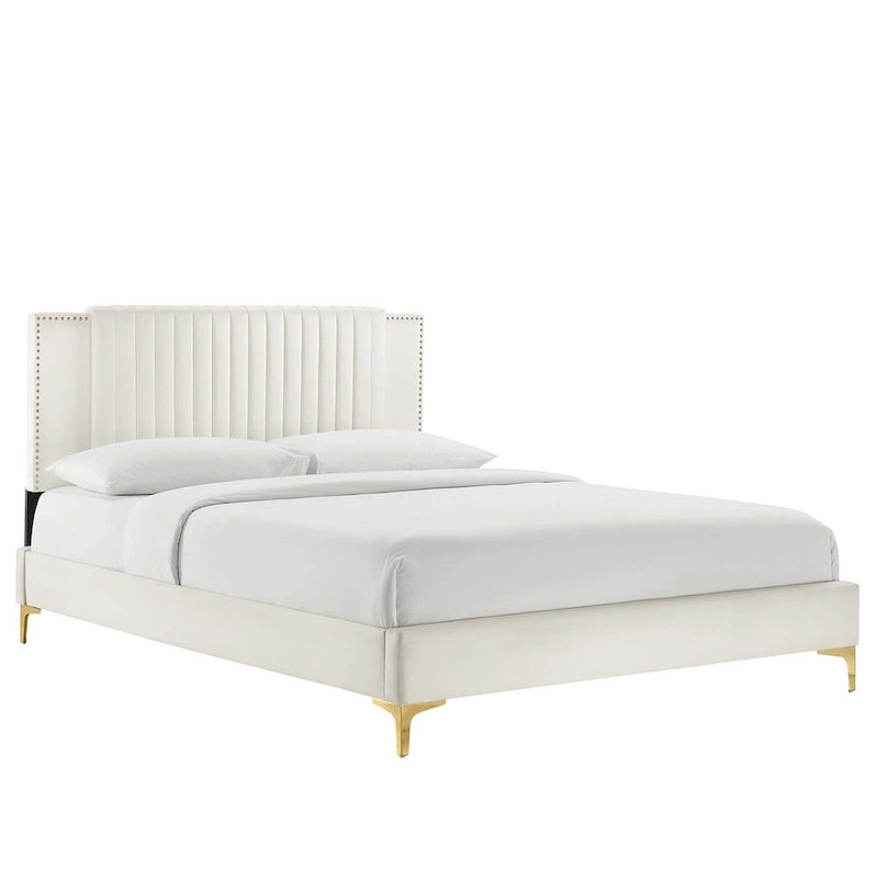 Charcoal / Blue / White / Pink Channel Tufted Velvet Queen Platform Bed with Gold Legs for 2 Person