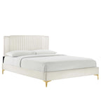 Charcoal / Blue / White / Pink Channel Tufted Velvet Queen Platform Bed with Gold Legs for 2 Person