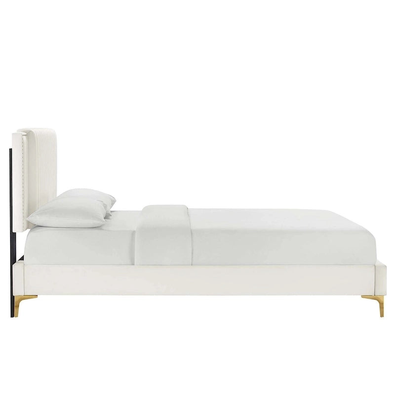 Charcoal / Blue / White / Pink Channel Tufted Velvet Queen Platform Bed with Gold Legs for 2 Person