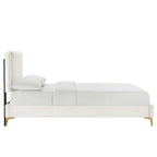 Charcoal / Blue / White / Pink Channel Tufted Velvet Queen Platform Bed with Gold Legs for 2 Person