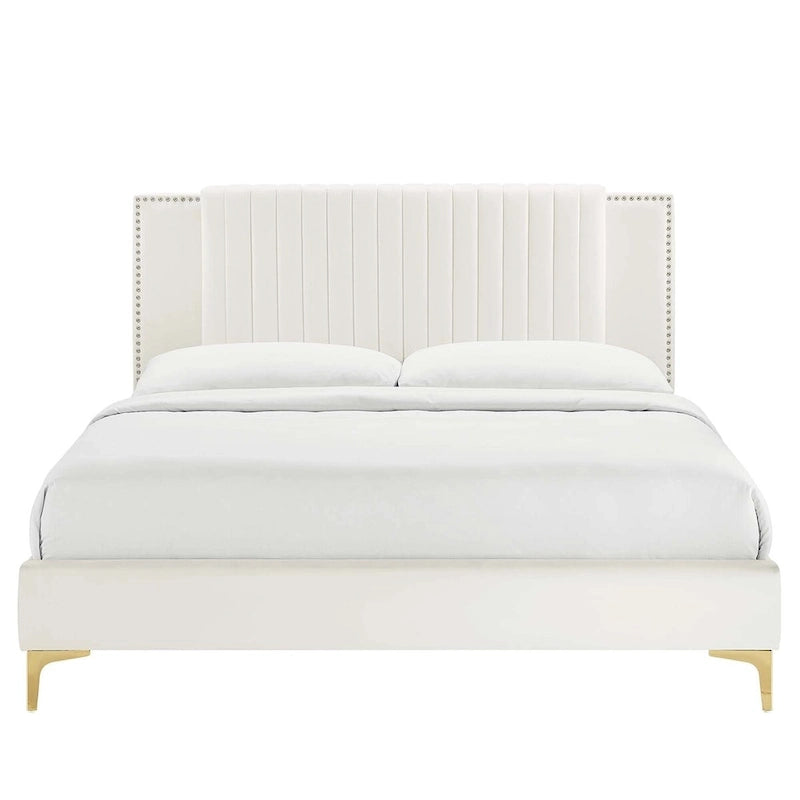 Charcoal / Blue / White / Pink Channel Tufted Velvet Queen Platform Bed with Gold Legs for 2 Person