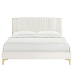 Charcoal / Blue / White / Pink Channel Tufted Velvet Queen Platform Bed with Gold Legs for 2 Person