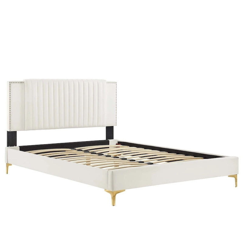 Charcoal / Blue / White / Pink Channel Tufted Velvet Queen Platform Bed with Gold Legs for 2 Person