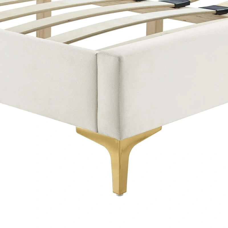 Charcoal / Blue / White / Pink Channel Tufted Velvet Queen Platform Bed with Gold Legs for 2 Person