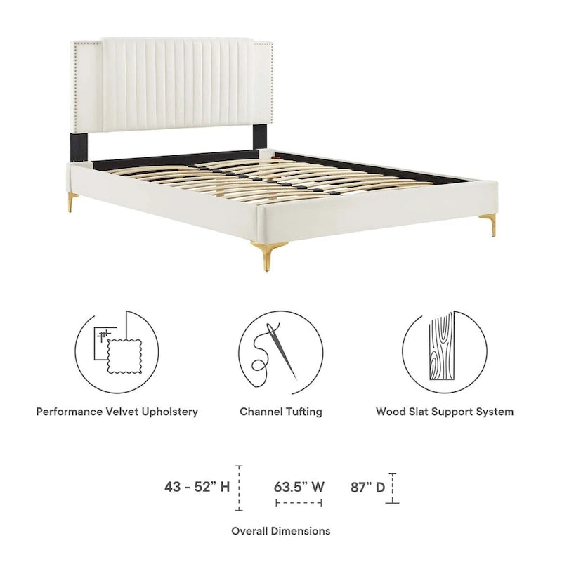 Charcoal / Blue / White / Pink Channel Tufted Velvet Queen Platform Bed with Gold Legs for 2 Person