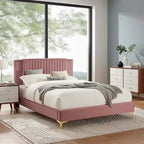 Charcoal / Blue / White / Pink Channel Tufted Velvet Queen Platform Bed with Gold Legs for 2 Person