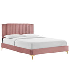 Charcoal / Blue / White / Pink Channel Tufted Velvet Queen Platform Bed with Gold Legs for 2 Person