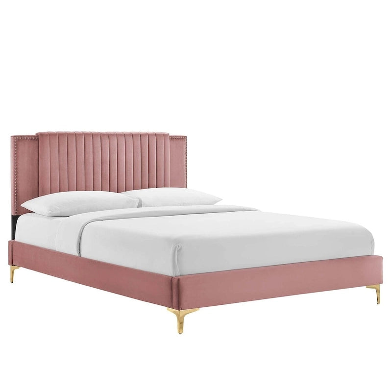 Charcoal / Blue / White / Pink Channel Tufted Velvet Queen Platform Bed with Gold Legs for 2 Person