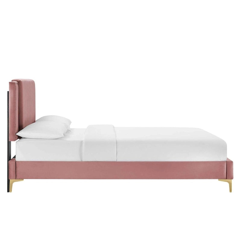 Charcoal / Blue / White / Pink Channel Tufted Velvet Queen Platform Bed with Gold Legs for 2 Person