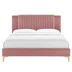 Charcoal / Blue / White / Pink Channel Tufted Velvet Queen Platform Bed with Gold Legs for 2 Person