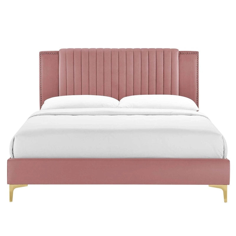 Charcoal / Blue / White / Pink Channel Tufted Velvet Queen Platform Bed with Gold Legs for 2 Person