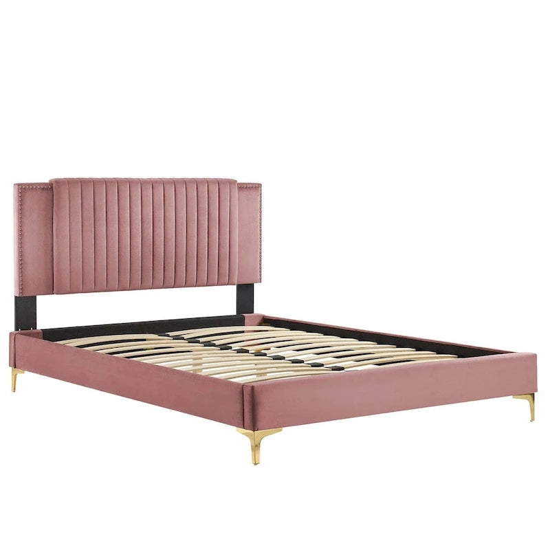 Charcoal / Blue / White / Pink Channel Tufted Velvet Queen Platform Bed with Gold Legs for 2 Person